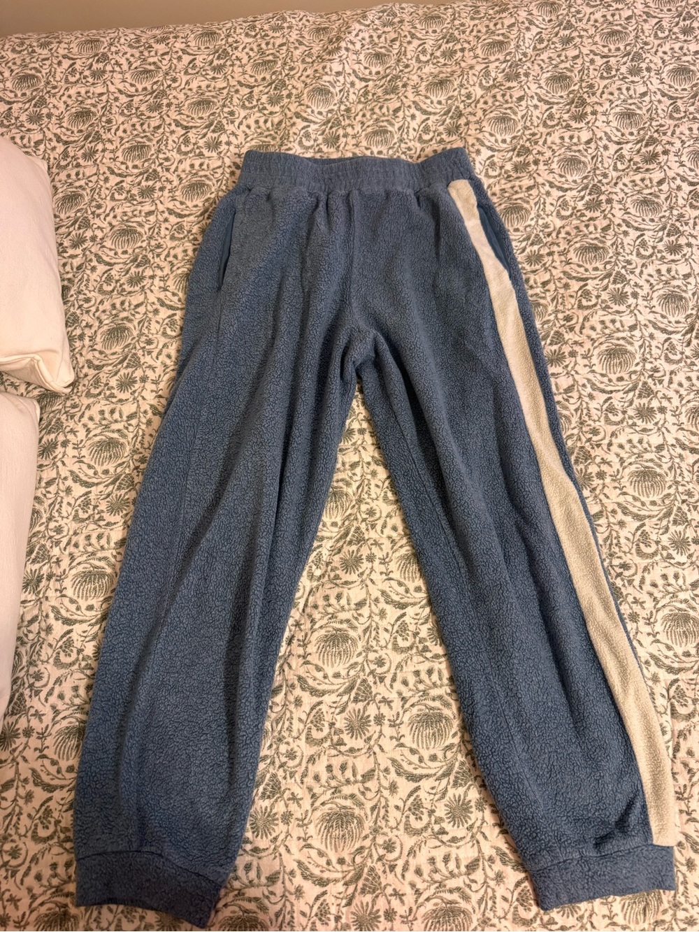 Free People Blue Fleece Joggers with Cream Side Stripe